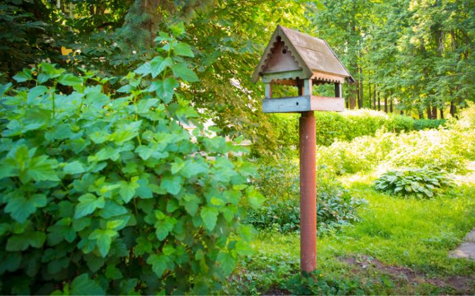 A wooden bird feeder on a post in a wooded area