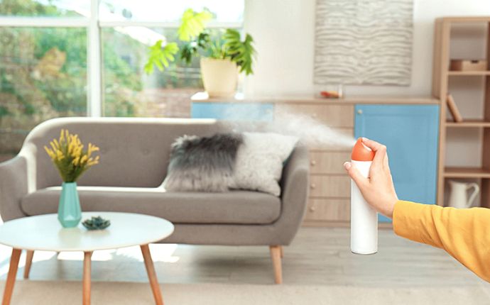 Somebody spraying a modern living room with canned deodorizing spray