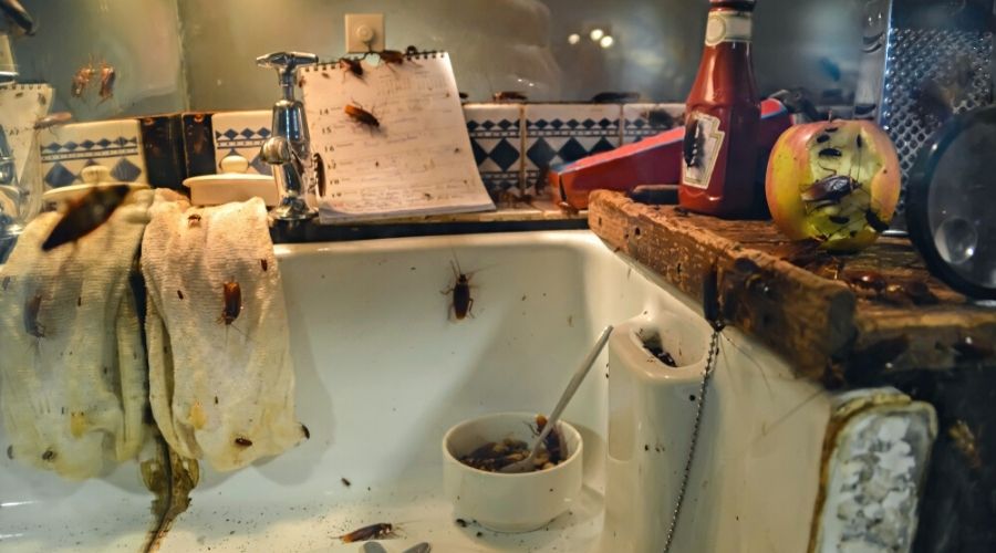 cockroaches crawl on a filthy sink with leftovers and old food