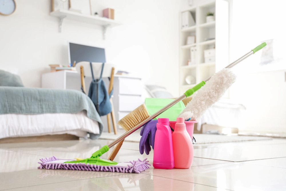 cleaning materials in dorm room